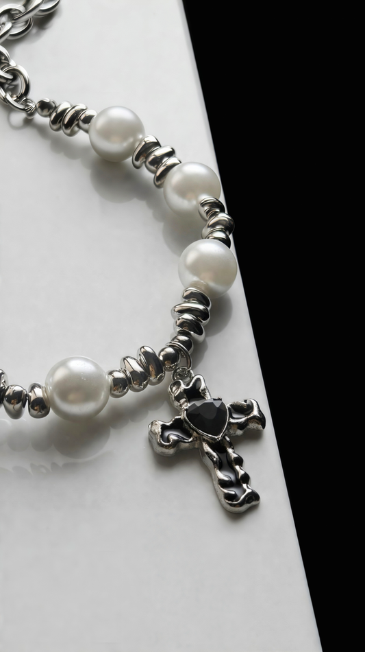 Noir Cross Pearl Necklace