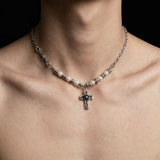 Noir Cross Pearl Necklace